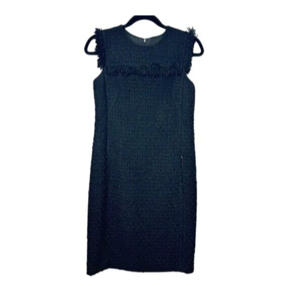AKRIS Punto Sleeveless Black Woven Boucle Wool Dress - Size 4 With Fringed Detai
